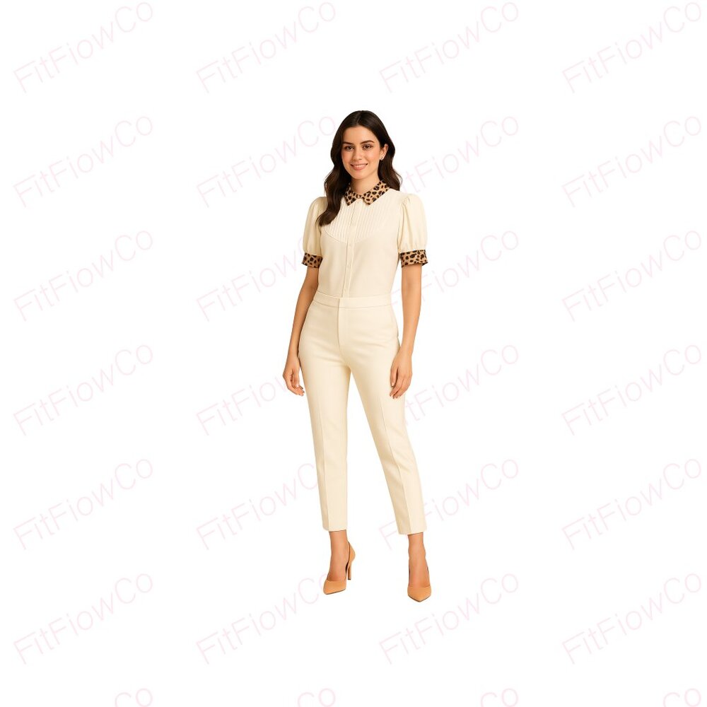 CeCe White Swan Pleated Blouse Leopard Trim Button Front NWT Size